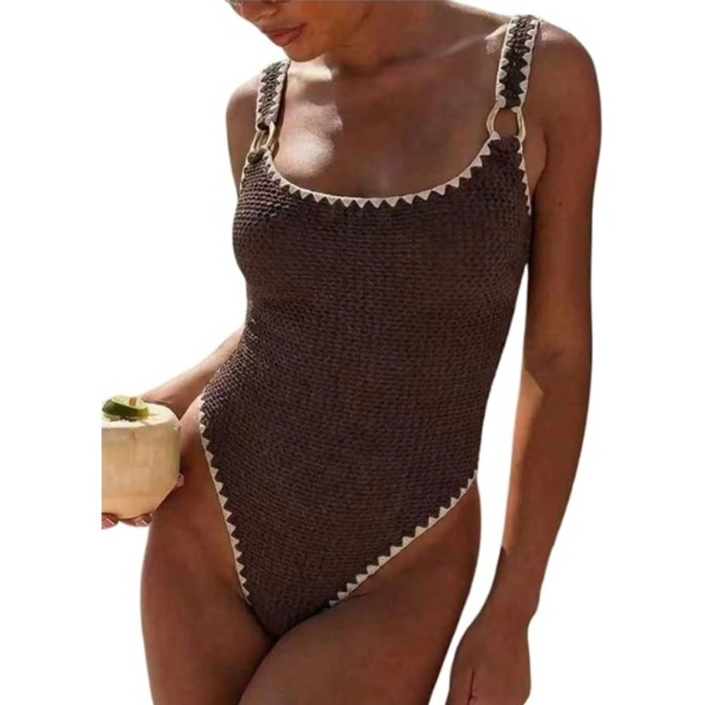 Textured European Summer One Piece Swimsuit Gold Hardware High Cut Resortwear